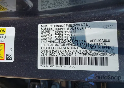 2021 Honda Accord Lx из США, поврежденный, VIN 1HGCV1F12MA090712